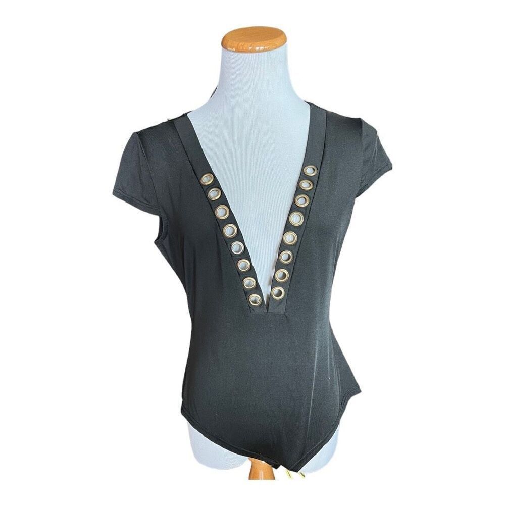 Womens Texas Girl Boutique Black with Gold Grommet Deep Plunge Bodysuit- Sz XL